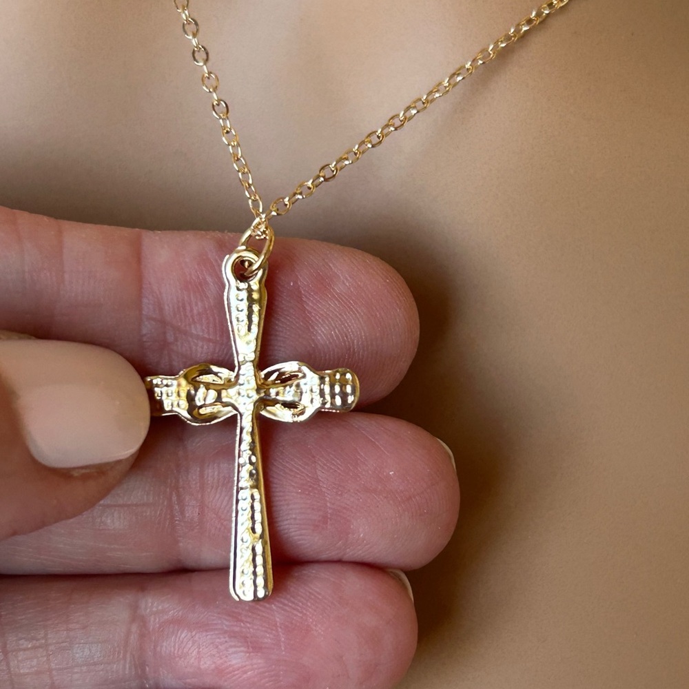 Delicate Gold Cross Pendant Necklace With Rhinestone Accents - Picture 5 of 6